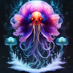 T-shirt format,jellyfish phoenix head, nautilus, orchid, skull, betta fish, bio luminiscent creatures, octane render, very coherent symmetrical artwork. cinematic, hyper realism, high detail, octane render, 8k, cursed photo editon, concept art, cursed photo portrait, Night, forest, snow, blizzard, created in inkwash and watercolor, carnival in the comic book art style of Mike Mignola, Bill Sienkiewicz and Jean Giraud Moebius, highly detailed, grainy, gritty textures, , dramatic natural lighting