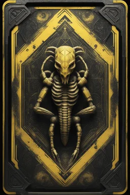 sacred geometry framed playing card, black and yellow scorpion werewolf slayer boss card in the style of Giger and fallout 4 ,,bokeh like f/0.8, tilt-shift lens 8k, high detail, smooth render, down-light, unreal engine