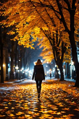 night yellow lights over the street trees autumn leaves under feet lady walking in street back to camera