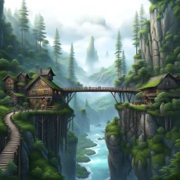 rany day, close ap a visible from the side one massive wooden bridge connects the over two gorge, between two tall rocky shores, sprawling, tall thick alien trees on both shores, log wooden houses in the distance in the background, rainy landscape, lush vegetation , massive trees,, high detailed, fantasy, high photorealistic, cinematic