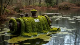 There was a strange machine in the middle of the pond, covered in moss and mystery. Its rusted gears creaked with the gentle sway of the water, as if it had been abandoned long ago. No one knew where it came from or what it was supposed to do. Some said it was a forgotten invention, while others believed it was an alien artifact. But one thing was certain - the machine had a strange aura about it, almost as if it was watching over the pond, waiting for someone to unlock its secrets.