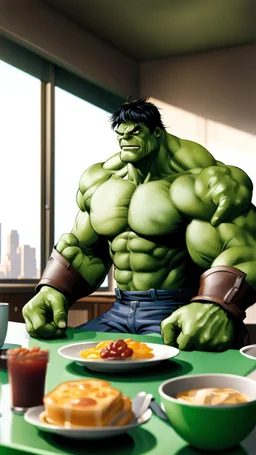 Hulk is sitting at a table with a big breakfast