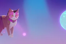 pink and purple cat in space, fluffy, solar system, planets, psychedelic