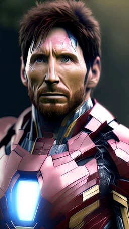 iron man become lionel messi , lionel messi head, ultra realistic, 4k, ultra detail, full body