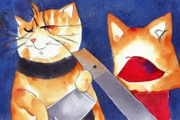 Cute cat diabolical smiling with a bloody knife with blood. Watercolour