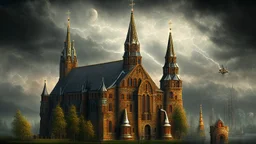 ancient cathedral against a darkening sky