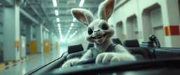 car driving happy 2d fluffy alien bunny ogre man in the style of Escher and Giger and Fallout 4, pinhole cam, airbrush 3d rendering, on tv screen:A five-second cinematic single take in a clean industrial presentation hall.
