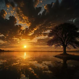 Create an image of a surreal sunset over tranquil lake, radiant golden sunlight streaming through dramatic clouds, lone tree at water’s edge, perfect mirror reflection, warm hues of gold, orange, and deep blue, ethereal atmosphere, cinematic lighting, ultra-detailed textures, emotional and inspirational mood, wide-angle composition