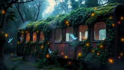 vagón oxidado de tren antiguo envuelto en hiedra luminiscente, espíritus de hadas brillantes danzando entre las enredaderas, luces místicas flotantes, musgo resplandeciente, rayos de luz atravesando las ventanas rotas, niebla etérea de colores pastel, ambiente mágico del crepúsculo, estilo fotografía fantástica