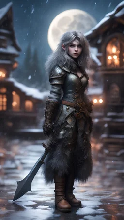 Damascus steel , ducks mane,moon, fluffy boots, full figure with metallic stone gauntlets holding dark jagged dagger, standing on frozen wet tiled floor outside fantasy mountain tavern, focused female brownie vampire gnome from worms armageddon wearing makeup, bokeh like f/0.8, tilt-shift lens 8k, high detail, smooth render, down-light, unreal engine, prize winning