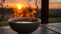 reflective ceramic bowl of steaming liquid, sunset in background, romantic, inviting, photographic image, realistic, surrealism