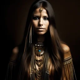 Native american woman, long hair of ,gold and strass