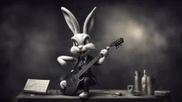 photorealistic deppressed dark melancholic sad Bugs bunny deppressed doing music rock and roll dark heavy metal on a scene alcoholic, ciggaretes ciggaretes ciggaretes sad sad sad sad