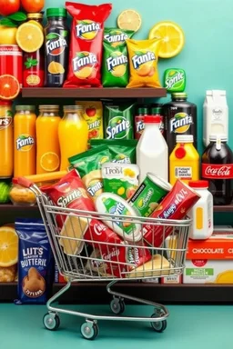 A design filled with various fruit juices, various chips, various types of Fanta, Coca-Cola, Sprite, various famous chocolates, a full shopping cart, packaged cheeses, butter, and pasteurized milk, in cheerful, vibrant, and eye-catching colors.