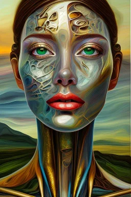 an abstract painting of glass, by lucian freud and klimpt, rust, scaffolding, iron cladding, mixed media, textured, anatomically correct, beautiful woman perfect face, green eyes, sharp focus, highly detailed. sunset on the beach