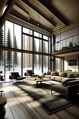 a double -height ceiling living room with a large floor-to-ceiling window one side log cabin, outside is a dark snow -covered landscape.The living area is furnished with plush, contemporary sofas and rockchair in neutral tone, grouped around a low, central coffee table,The room’s color palette is composed of dark brown and warm tones, with the soft lightning from various lamps adding a cozy ambiance.