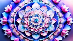 vista dall'alto tantissimi piccoli cristalli rosa e celesti, trasparenti, pietre preziose e picoli fiori di loto rosa , al centro mandala rosa e celeste