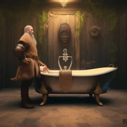 A viking and his wive having a bath, scary, steam punk, realistic, made in octane, cinematic, ultra-realistic, extremely detailed octane rendering, 8K, VRAY Super Real ar 2:3, dof photorealistic futuristic 50mm lens hard lighting dark gray tintype photograph, realistic lighting, sepia color