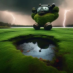 hyperrealistic shot, rusting and moss covered giant mascot, earth color palette, sharp focus, puddle reflection, water splash, refraction, rain and lightning on the horizon, shadowcast, detailed and intricate, cinematic composition, tilt shift photography