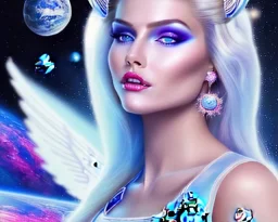 jolie femme galactique cosmonaute avec longs cheveux blonds - joli visage souriant et beau corps bien formé , beaux yeux bleus - grandes ailes bleu ciel , ciel bleu fleurs blanches et roses. robe en soie, jolies dents, jolis yeux, picture precise and hight quality,ambiance rose pÂle, combinaison de cosmonaute