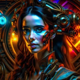 art by Patrick Woodroffe in the style of Salvador Dali, psychedelic colors, Jennifer Connelly as a steampunk warrior, in an biomechanical universe, HD 4K ultra high resolution, photo-real accurate, cinematic volumetric lighting