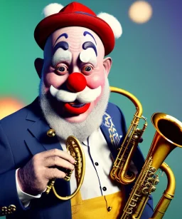 happy and funny old friendly clown with round head and trimmed beard playing jazz with a steampunk theme, trumpet on mouth, carnival, dreamy