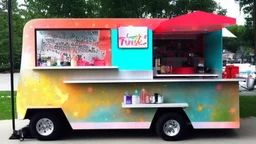 modern looking food truck that has a bunch of bright paint and flashy lights and fireworks