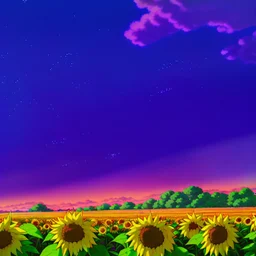purple sky full of stars, sunflower field, floating ruins of an asian village, anime, high res, makoto shinkai