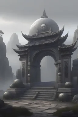 Stone structure with spherical theme. Big details. No asian elements. No hard shapes. Carved in mountain, big gate leading into mountain. Style: nintendo, concept art. Mood: foggy, desaturated
