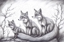 As twilight descends, the foxes awaken. Known for their sly and clever nature they prepare for their nocturnal adventures. - Pencil drawing.