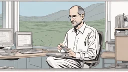 الصورة تعرض ستيف جوبز وهو جالس في مكتبه الخاص، وراءه نافذة تطل على مناظر طبيعية هادئة. يظهر جوبز وهو يرتدي ثوبًا بسيطًا ويتلقى مكالمة هاتفية بينما يعمل على جهاز كمبيوتر محمول. يتسم وجهه بتعابير التفكير العميق والابتسامة الخفيفة، مما يشير إلى تركيزه الشديد وتفكيره الابتكاري. على مكتبه، يمكن رؤية مجموعة من المخططات والنماذج المصغرة لأجهزة تكنولوجية، مما يظهر اهتمامه بالتفاصيل والتصميم المميز. كما يمكن أن نلاحظ تواجد كتب وأدوات كتابة، مما يشير إلى تطلعه المستمر للمعرفة والابتكار. الإضاءة في الصور