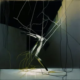 Minimal abstract oil painting of a falling person limbs sinew. Amongst concrete fragments brutalist architecture and hanging wires illuminated at night. In the style of Justin Mortimer and Francis bacon