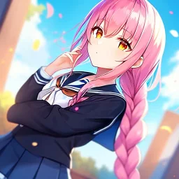 girl, masterpiece, best quality, volumetric lighting, detailed outfit, perfect eyes, pink hair, orange eyes, school outfit, braided ponytail,