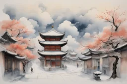 On the streets of Chinese cities, there are Russian-style houses, surrounded by squares and trees, and clouds floating in the sky, which is a winter scene. The painting is painted in watercolor-like colors, with delicate details outlined with a pen and black ink, as well as calligraphically like lines. ”