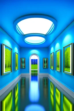 3 D-shot A hall for displaying art paintings The walls are in the shape of an oval and there is an oval wall in the middle of the hall to divide the hall into two parts and the paintings are hanging on the walls and the walls are made of glass and the colors of the glass are blue and the floor is white