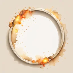 Hyper Realistic Right-side-view of Beige small-watercolor-Circular-Frame With Glowing Golden Embers On Off-White Grunge Background.