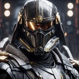 star wars bald male corellian pilot wearing pearlescent black and gunmetal grey First Order special forces heavy assault stealth commando armor and helmet with gold trim inside the jedi temple, hyperdetailed, dynamic lighting, hyperdetailed background, 8k resolution, volumetric lighting, light skin, fully symmetric details