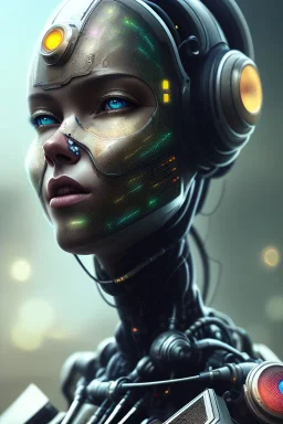 portrait,beautiful african robot, post-apocalyptic in a cyberpunk city, realistic, intriacte detail, sci-fi fantasy style, volumetric lighting, particales,highly detailed,cinamatic, deep