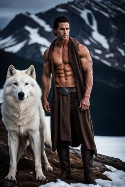 Handsome and muscular 30 year old shirtless mountain man standing next to a white wolf, dark fantasy, snow capped mountains