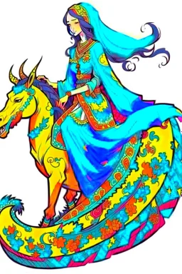 A beautiful Arab girl. Decorated silk fabric. And riding on the back of a dragon