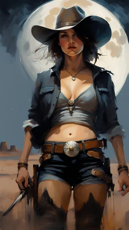 brunette curvy woman with short bob hair as a cowgirl with cutt off shorts and tank top in the desert at night in the moon light, romantic :: dark mysterious esoteric atmosphere :: digital matt painting with rough paint strokes by Jeremy Mann Carne Griffiths Leonid Afremov, black canvas