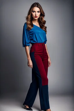 fullbody shot of young-beautiful-german girl-with-a-perfect-face-with-make-up-wearing- blue top and dark red pants standing , prophesional photography studio