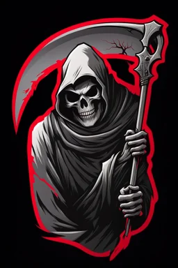 Grim-Reaper gripping scythe, vignette, black and white graphic novel style with a red outline, and black background,