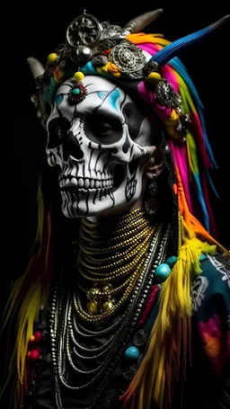 colorful death with a lot of jewelry, inspired by dia de la muertos, nefretete crown on head, a little bit of papa emeritus from Ghost band