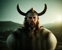 a sad and lonely viking looking up at the stars at night, hyper realistic, 8k, insane detail, atmospheric background, crying eyes, big fur coat, long braided hair, sharp focus, soft background, dynamic lighting, viking helmet, night time