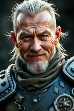 KENT STENG as lama thief in full armor. Close up portrait. Afraid to fail, afraid to dive within. But still smiling.