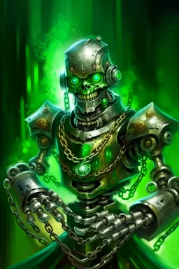 book illustration, oil painting portrait of metallic green faced slightly knightly smirking robot vampire holding small earth in chain, bokeh , high detail, smooth render, prize winning