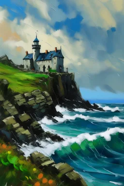 Crea la imagen de un castillo de irlanda, que se encuentre cerca de un precipicio con caída al mar, utilizando el estilo de Claude Monet.