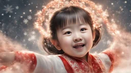 Magical Fantastic young happy Chinese female child, Liquid Structure, Flying snowflakes, excitement, Splash, Portrait Photography, Fantasy Background, Intricate Patterns, Ultra Detailed, Luminous, Radiance, Ultra Realism, Complex Details, Intricate Details, 16k, HDR, High Quality, Trending On Artstation, Sharp Focus, Studio Photo, Intricate Details, Highly Detailed