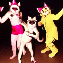 1980s photo of new year's party monkey with dancing cats